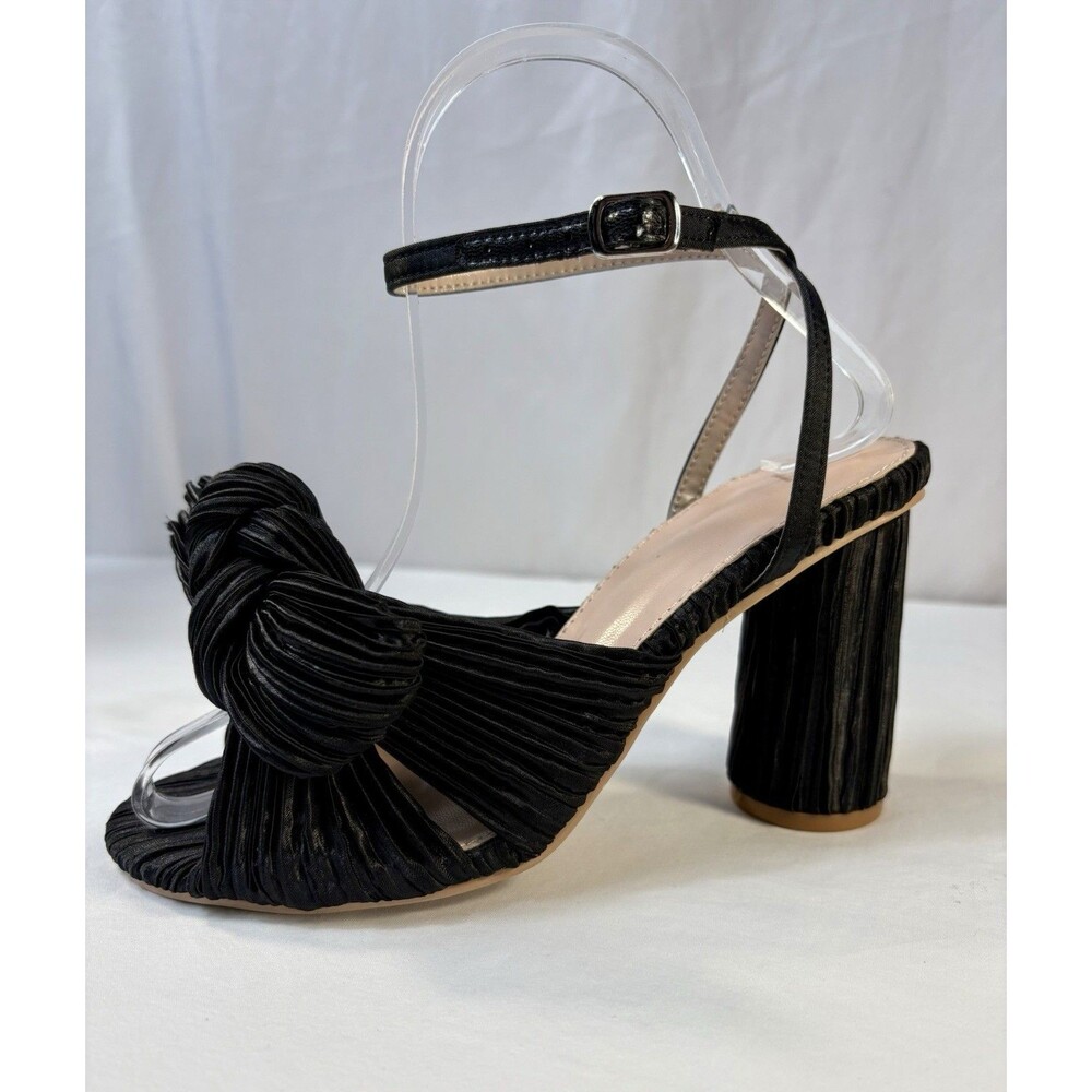 Pleated Bow Block Heel Sandals Black Ankle Strap Open Toe Heels Size 5